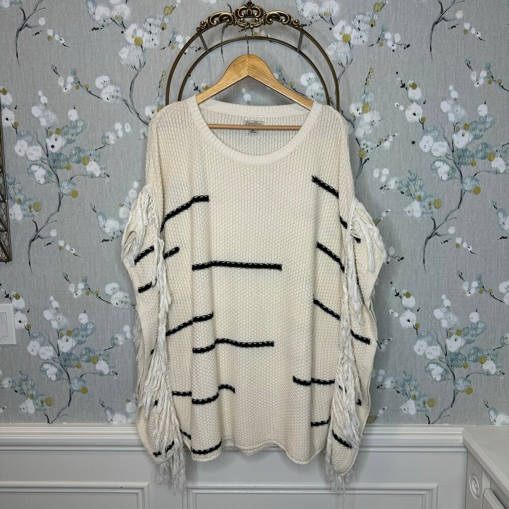 Lucky Brand Cream Black Striped Fringe Knit Poncho Sweater Womens M/L Boho